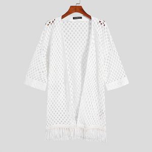Men Shirt Solid Mesh Hollow Out See Through Tassel Streetwear Casual Camisas Open Stitch Half Sleeve.jpg 640x640