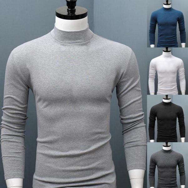 Men Shirt Sweater Solid Color Half High Collar Casual Slim Long Sleeve Keep Warm Tight Shirt 1