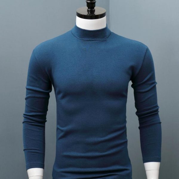 Men Shirt Sweater Solid Color Half High Collar Casual Slim Long Sleeve Keep Warm Tight Shirt 2