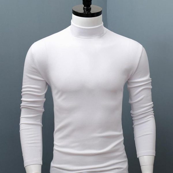 Men Shirt Sweater Solid Color Half High Collar Casual Slim Long Sleeve Keep Warm Tight Shirt 3