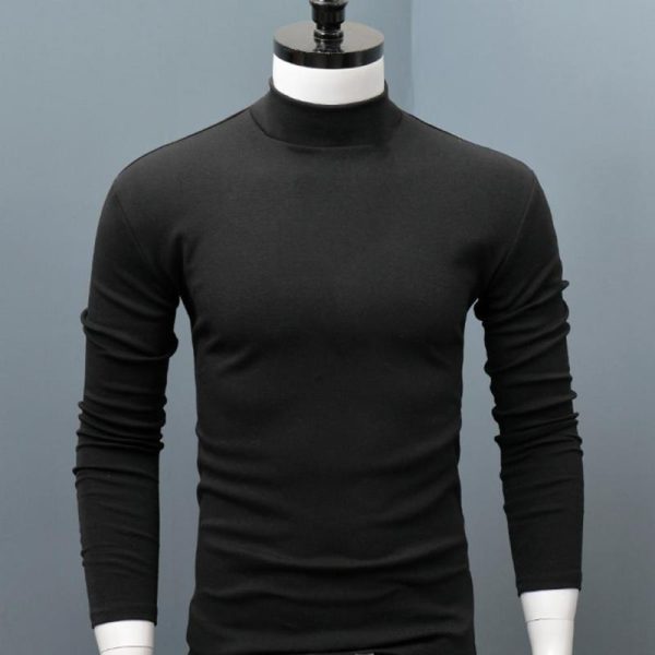 Men Shirt Sweater Solid Color Half High Collar Casual Slim Long Sleeve Keep Warm Tight Shirt 4