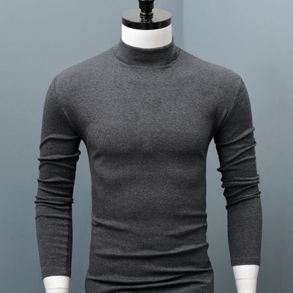 Men Shirt Sweater Solid Color Half High Collar Casual Slim Long Sleeve Keep Warm Tight Shirt