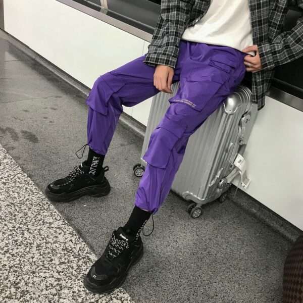Men Streetwear Cargo Pants 2021 Overalls Mens Baggy Hip Hop Joggers Pants Pockets Harem Pants Purple 1