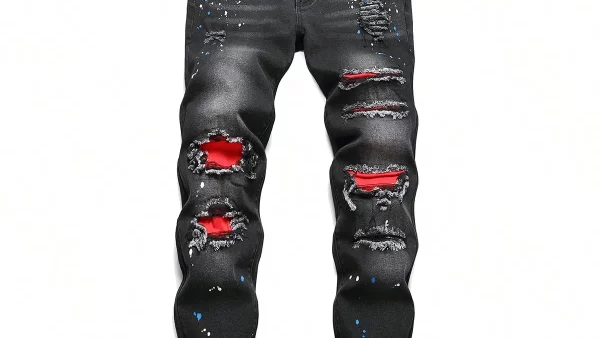 Men Stretchy Ripped Skinny Biker Embroidery Cartoon Print Jeans Destroyed Hole Slim Fit Denim High Quality 1