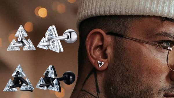 Men Stud Earring Triangle Pierced Crystal Zircon Stud Earrings Stainless Steel Tiny Minimalist Studs for Mens