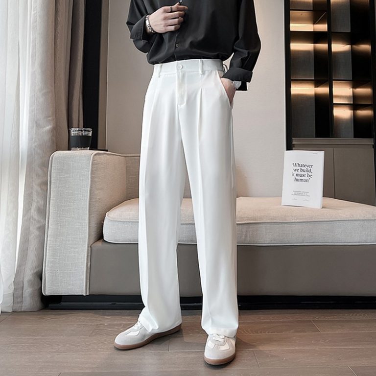 Men Suit Pants Solid Full Baggy Casual Wide Leg Trousers for Men Khaki Black White Japanese 2