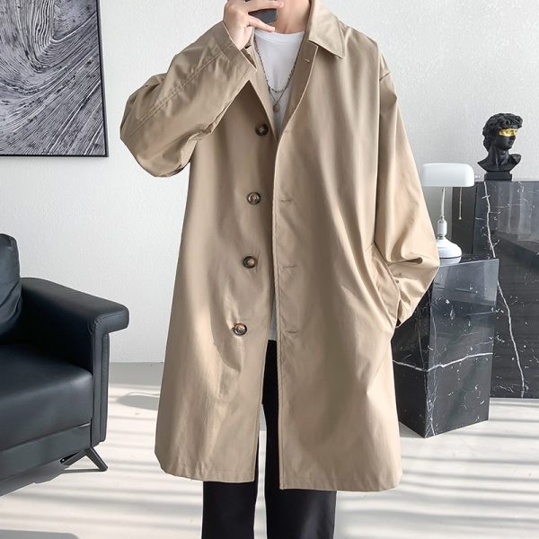 Men s Trench Coat Fashion long Windbreaker Men Solid Color Single Breasted Loose Casual Trench Man