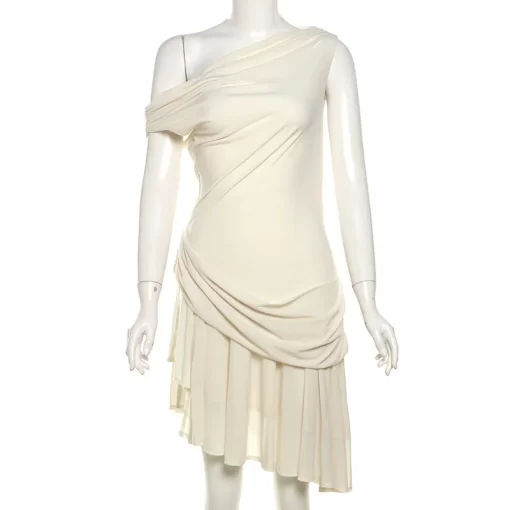 Mesh Ruffles Patchwork Asymmetrical Mini Dress Women Sexy Solid Ruched Off Shoulder Birthday Party Clubwear Casual 1