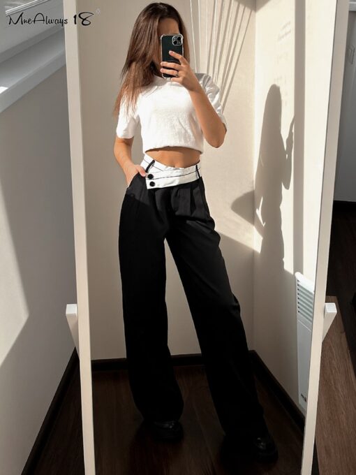 Mnealways18 Patchwork Wide Leg Pants Women Black Contrast Casual High Waist Pants Spring Summer 2023 Baggy 5