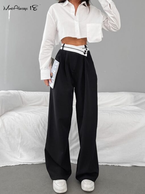 Mnealways18 Patchwork Wide Leg Pants Women Black Contrast Casual High Waist Pants Spring Summer 2023 Baggy