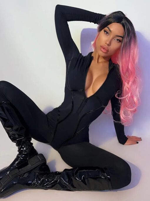 Mozision Black Sexy Skinny Jumpsuit Women Overalls O Neck Full Sleeve Zipper Sporty Jumpsuits Ladies Fashion 1