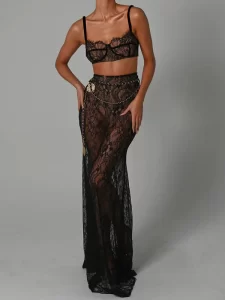 Mozision See Through Lace Two Piece Skirt Sets Women Crop Top And Maxi Skirt Sets Elegant