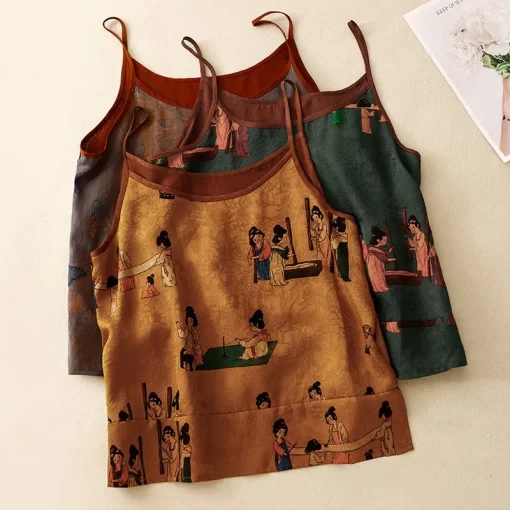 National Style Spring Summer Women Sexy Spaghetti Strap Tank Top Vintage Print Camis Femme Sleeveless Tops