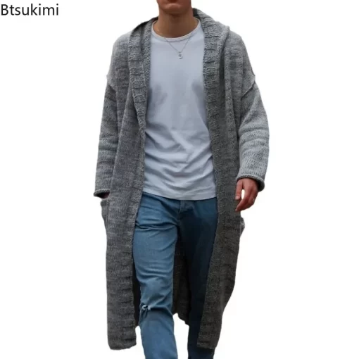 New 2024 Mens Knitted Cotton Cardigan Fashion Long Sweaters Male Casual Solid Long Sleeve Slim Outwear 4