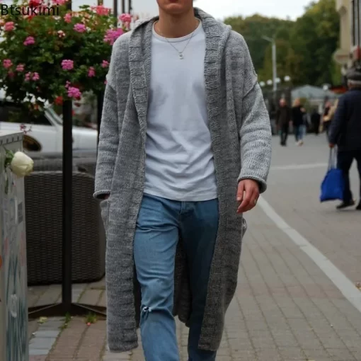 New 2024 Mens Knitted Cotton Cardigan Fashion Long Sweaters Male Casual Solid Long Sleeve Slim Outwear