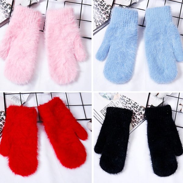New Cute Rabbit Wool Gloves Korean Female Winter Thicken Warm Mittens Solid Color Elastic Full Finger 1