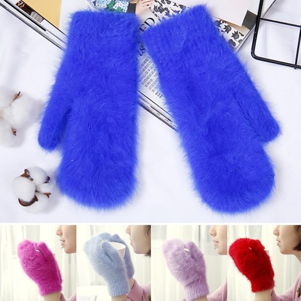 New Cute Rabbit Wool Gloves Korean Female Winter Thicken Warm Mittens Solid Color Elastic Full Finger 2