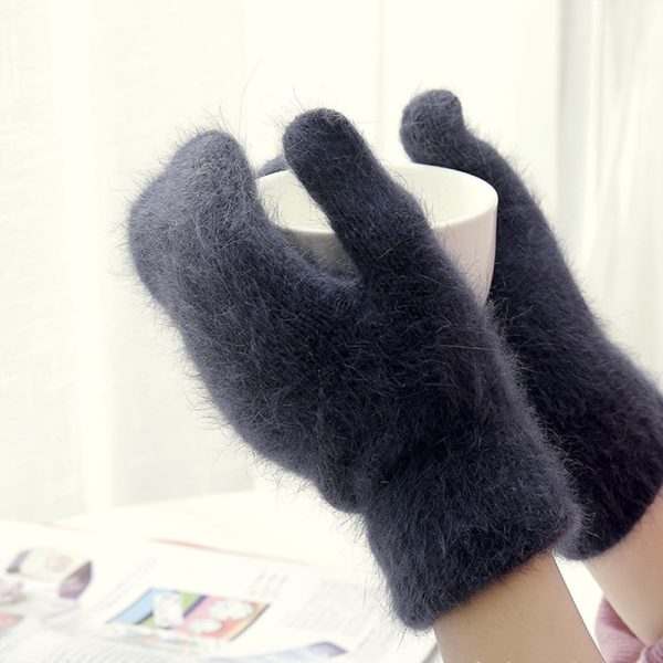 New Cute Rabbit Wool Gloves Korean Female Winter Thicken Warm Mittens Solid Color Elastic Full Finger 3
