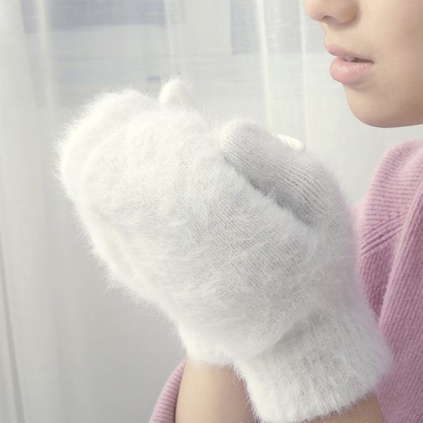 New Cute Rabbit Wool Gloves Korean Female Winter Thicken Warm Mittens Solid Color Elastic Full Finger 4