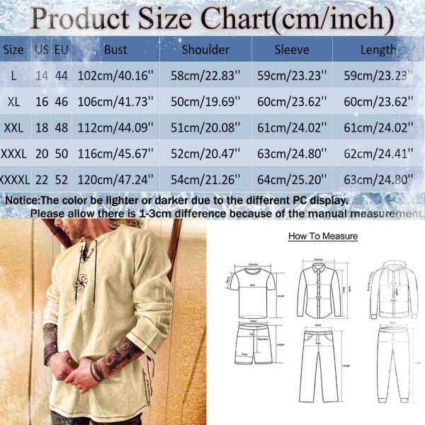 New Men s Cotton Linen Shirt Loose Fashion Ancient Viking Embroidery V neck Lace Up Shirts 5