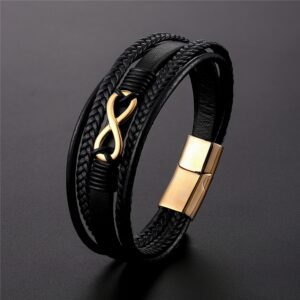 New Multi Layer Genuine Leather 8 words Bracelet For Men Stainless Steel Magnetic Clasp Fashion Bangles