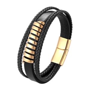 New Multi Layer Genuine Leather 8 words Bracelet For Men Stainless Steel Magnetic Clasp Fashion Bangles 6