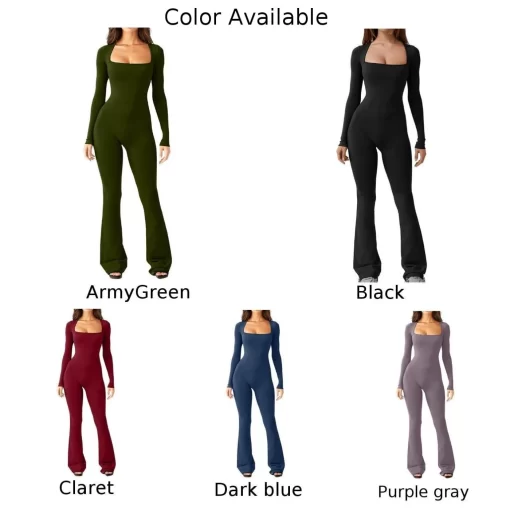 New Women Autumn Long Sleeved Square Neck Slim Fit Flared Bodycon Jumpsuit Pants Romper Playsuit Elegant 4