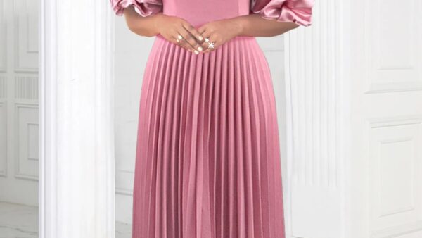 ONTINVA Cold Shoulder Dresses Plus Size Short Puff Sleeve Pink Empire A Line Pleated Prom Outfits