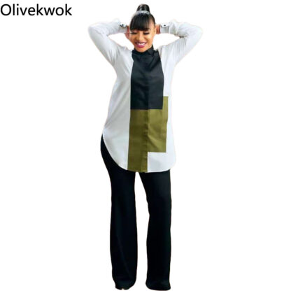 Olivekwok Woman Fashion Patchwork Shirts Long Sleeve Turn down Collar Streetwear Autumn Solid Woman Tops