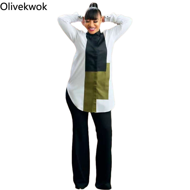 Olivekwok 2021 Woman Fashion Patchwork Shirts Long Sleeve Turn down Collar Streetwear Autumn Solid Woman Tops 4