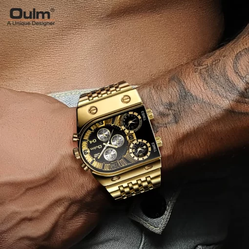 Oulm Auto Date Men Watch Square Gold Quartz Wrist Watch for Man Sports Multi Time Zone 4