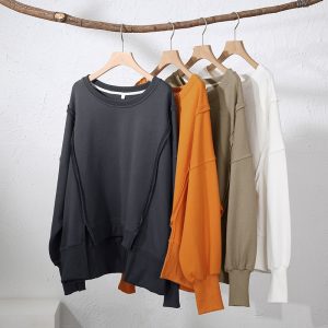 Oversized Cotton Women Sweatshirts Long Sleeve Patchwork Open Side Streetwear Harajuku Pullovers Autumn Clothes For