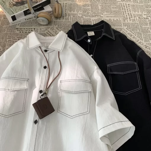 Oversized Short Sleeve Shirt For Men Streetwear Blouse Harajuku Fashion Men s Cargo Shirts Korean Clothes 2