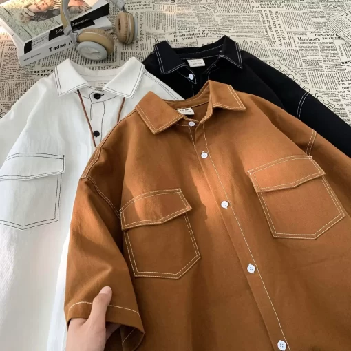 Oversized Short Sleeve Shirt For Men Streetwear Blouse Harajuku Fashion Men s Cargo Shirts Korean Clothes 3