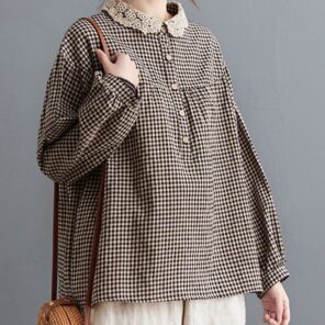 Oversized Women Long Sleeve Casual Shirts New 2022 Spring Simple Style Lace Collar Vintage Plaid Loose 1