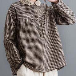 Oversized Women Long Sleeve Casual Shirts New 2022 Spring Simple Style Lace Collar Vintage Plaid Loose