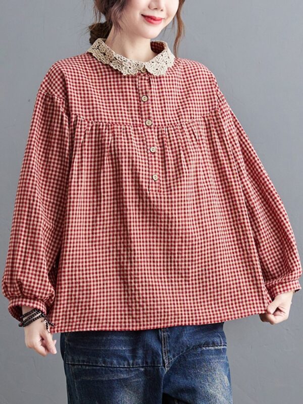 Oversized Women Long Sleeve Casual Shirts New 2022 Spring Simple Style Lace Collar Vintage Plaid Loose 3