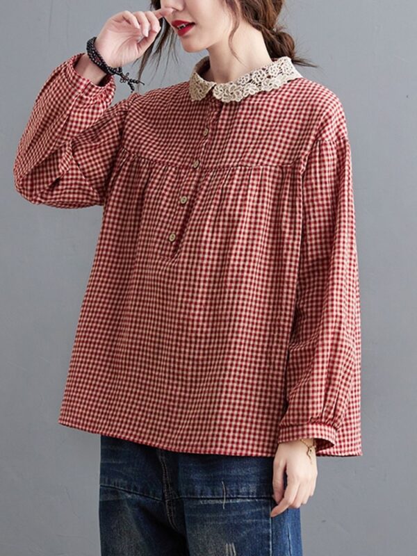 Oversized Women Long Sleeve Casual Shirts New 2022 Spring Simple Style Lace Collar Vintage Plaid Loose 4