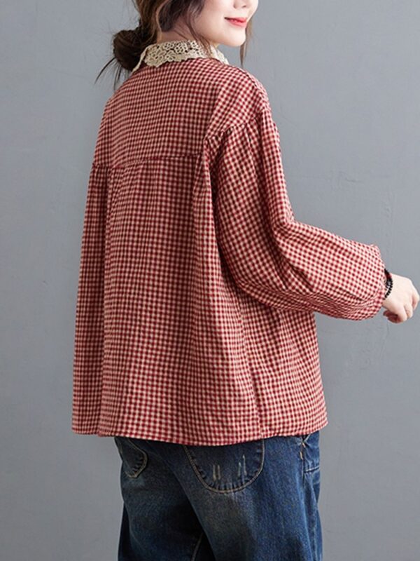 Oversized Women Long Sleeve Casual Shirts New 2022 Spring Simple Style Lace Collar Vintage Plaid Loose 5