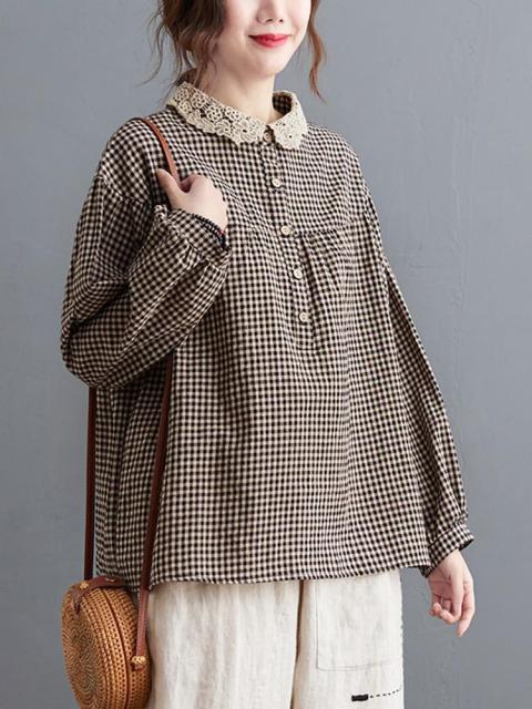 Oversized Women Long Sleeve Casual Shirts New 2022 Spring Simple Style Lace Collar Vintage Plaid Loose.jpg 640x640