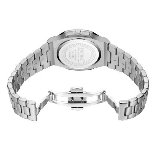 PINTIME Top Brand Mens Watch Silver Square Face Fashion Watches Stainless Steel Band Casual Wristwatch for 4