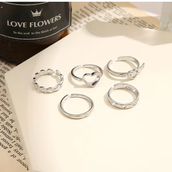 PTERHOOR Korea Punk Love Heart Ring Set Personality Temperament Silver Color Geometric Rings for Women Fashion 2 jpg