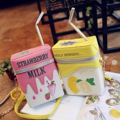 Personality Milk Box Shape Shoulder Bag Strawberry Lemon printed drink bottle shape bag with straw femle 1