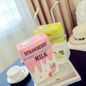 Personality Milk Box Shape Shoulder Bag Strawberry Lemon printed drink bottle shape bag with straw femle 2