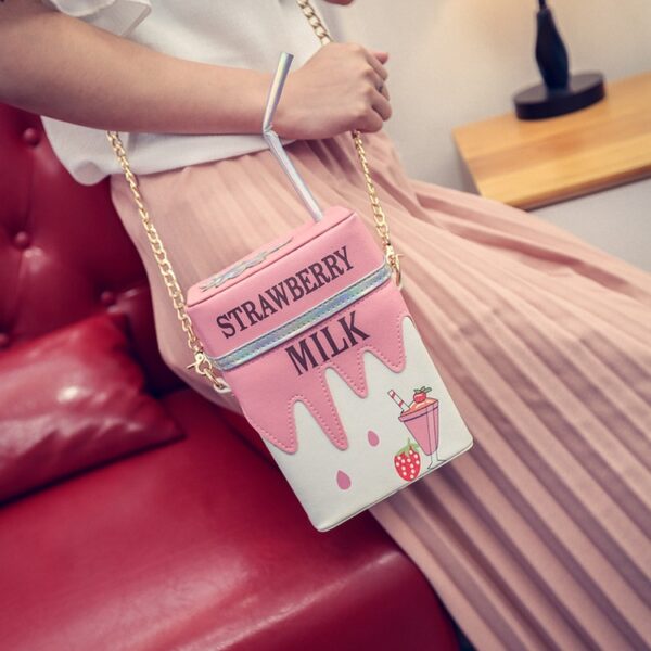 Personality Milk Box Shape Shoulder Bag Strawberry Lemon printed drink bottle shape bag with straw femle 3