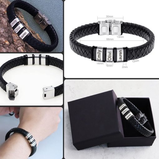 Personalized Mens Genuine Leather Bracelet Stainless Steel Custom Beads Name Charm Bracelet Jewelry for Men with 4