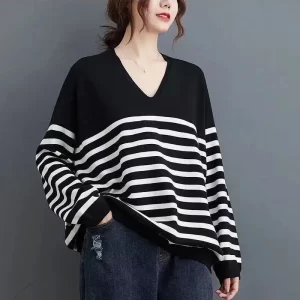 Plus Size Loose Striped Stylish Clothing for Women s Spring Autumn New Western style Long Sleeved