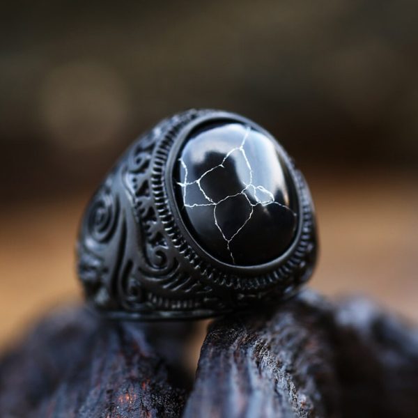 Punk Vintage Stainless Steel Black Stone Ring for Men Women Gothic Fashion Carved Ring Biker Amulet