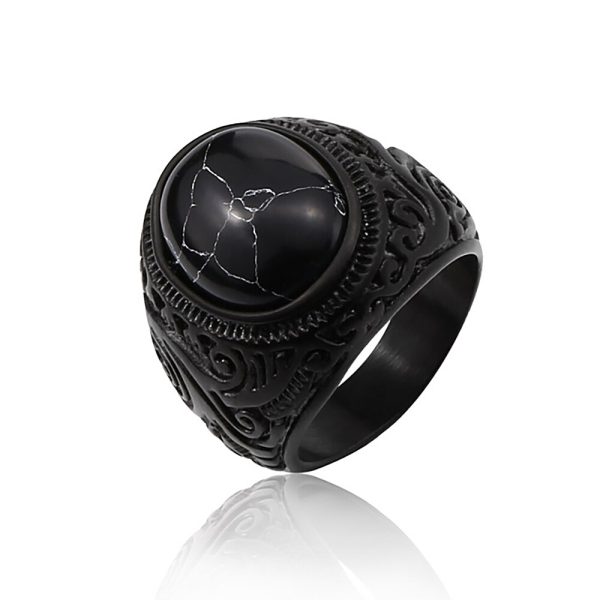 Punk Vintage Stainless Steel Black Stone Ring for Men Women Gothic Fashion Carved Ring Biker Amulet