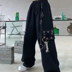 QWEEK Gothic Harajuku Black Cargo Pants Women Chain Wide Leg Goth Hippie Streetwear White Trousers Loose